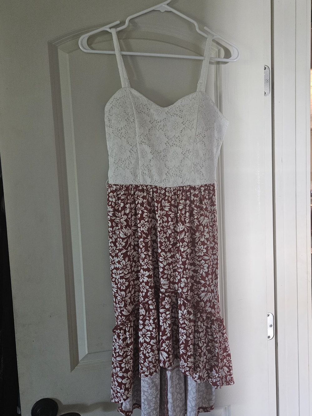 White Lace Bodice Floral Midi Dress - White & Rust